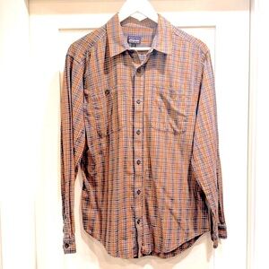 Patagonia Men's Casual Button Down Shirt - Blue and Orange Plaid